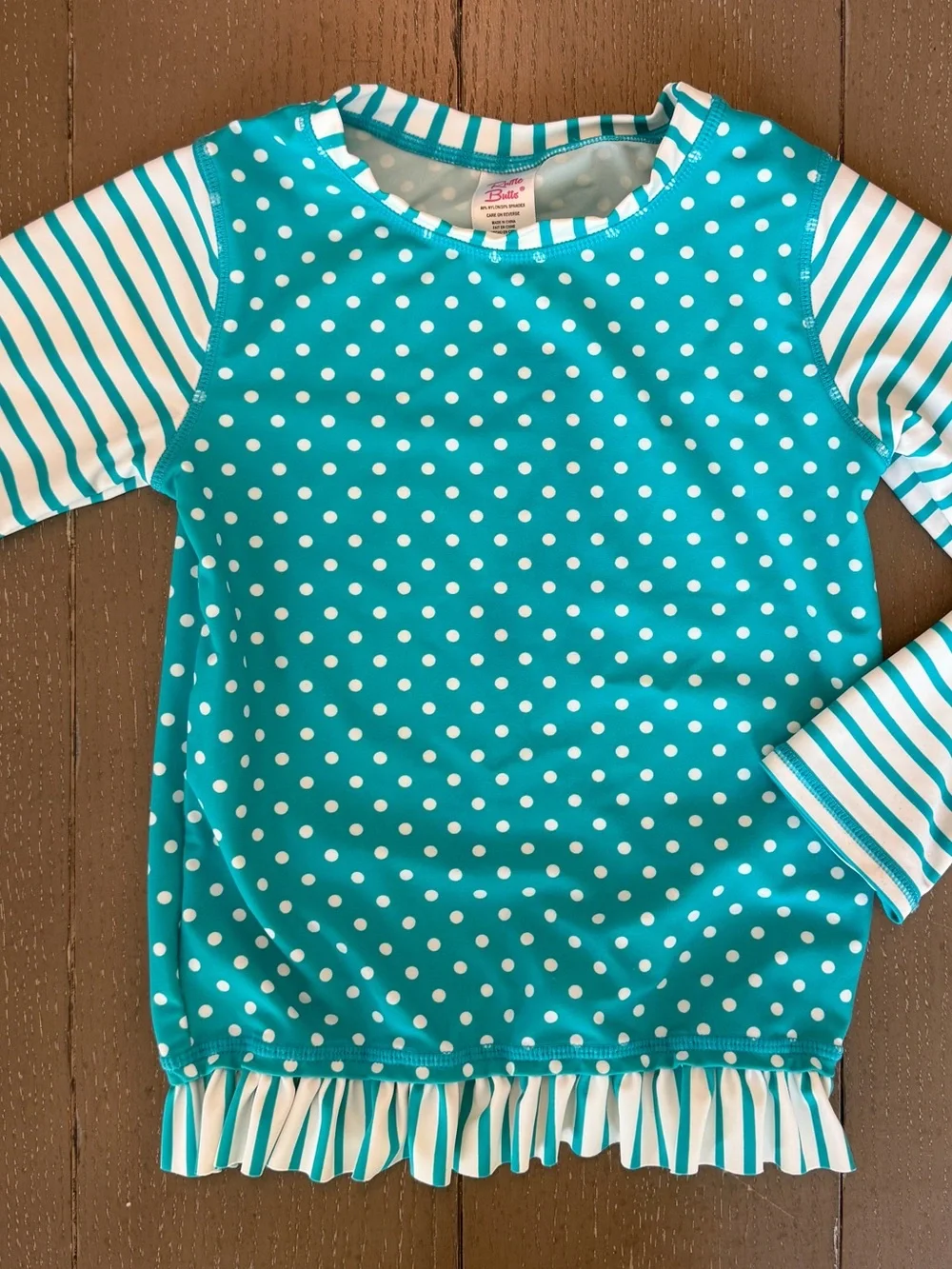 Ruffle Butts Kids Swimwear Girls Polka Dot Teal Long-Sleeve Rash Guard Size 6